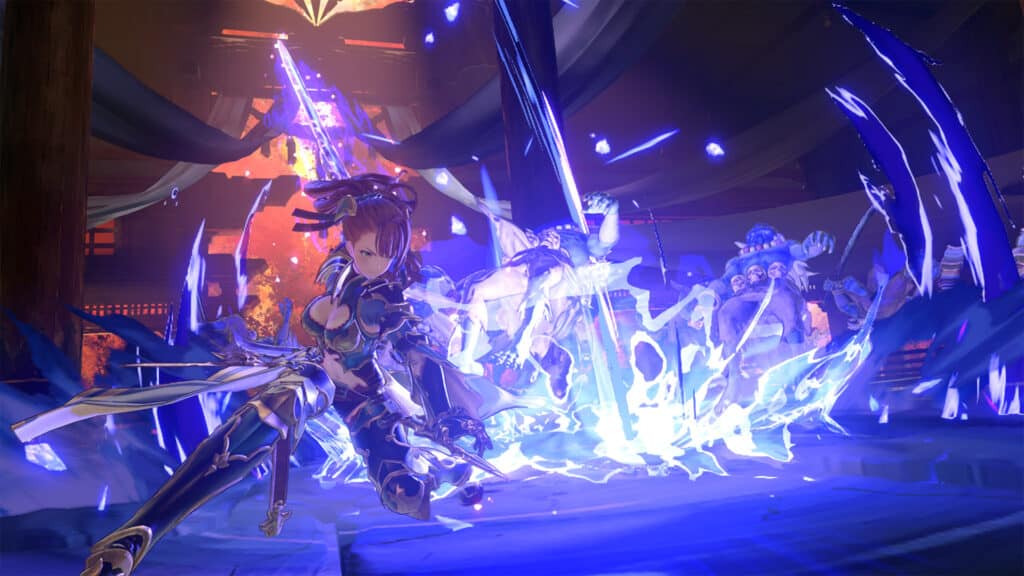 Screenshot aus Granblue Fantasy, der einen weiblichen Charakter im Vordergunf zeigt.